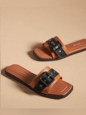 Anthropologie Tan and Black Buckle Slide Mules new without box